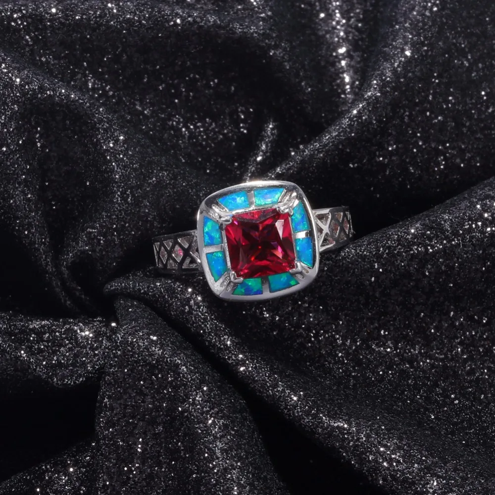 CiNily Created Blue Fire Opal Tourmaline Silver Plated Wholesale Square Shape for Women Jewelry Gift Ring Size 6-9 OJ9313 | Украшения и