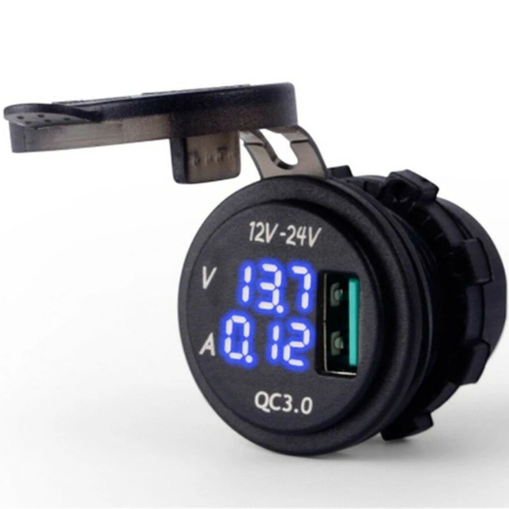 

Blue LED ATV Motorcycle USB Fast Socket Amp Volt Meter Voltage Waterproof 12/24 Car QC3.0 USB Charger Voltmeter