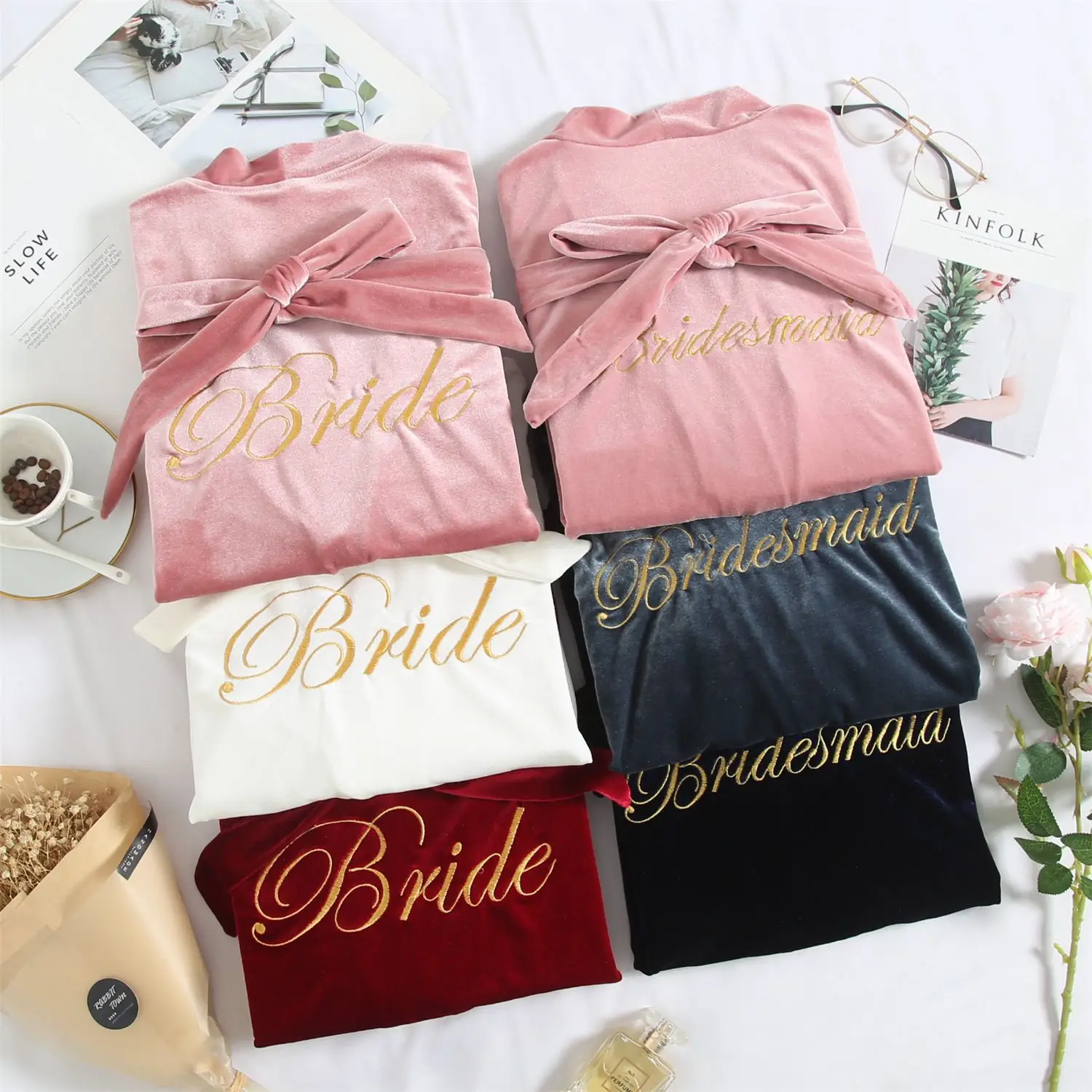 

Women Velvet 2PCS Nighty&Robe Set Embroidery Letter Bride Bridesmaid Wedding Robe Soft Velour Kimono Bathrobe Gown Nightdress