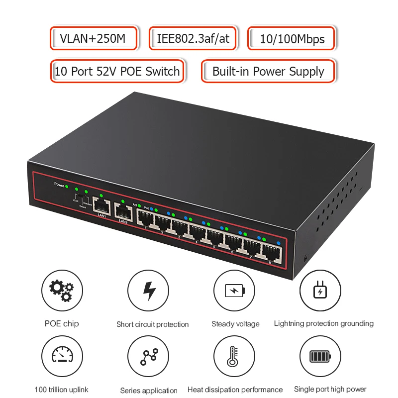 10 портовый коммутатор POE 48 В 100 Мбит/с сетевой Ethernet VlAN полный/полудуплексный для IP