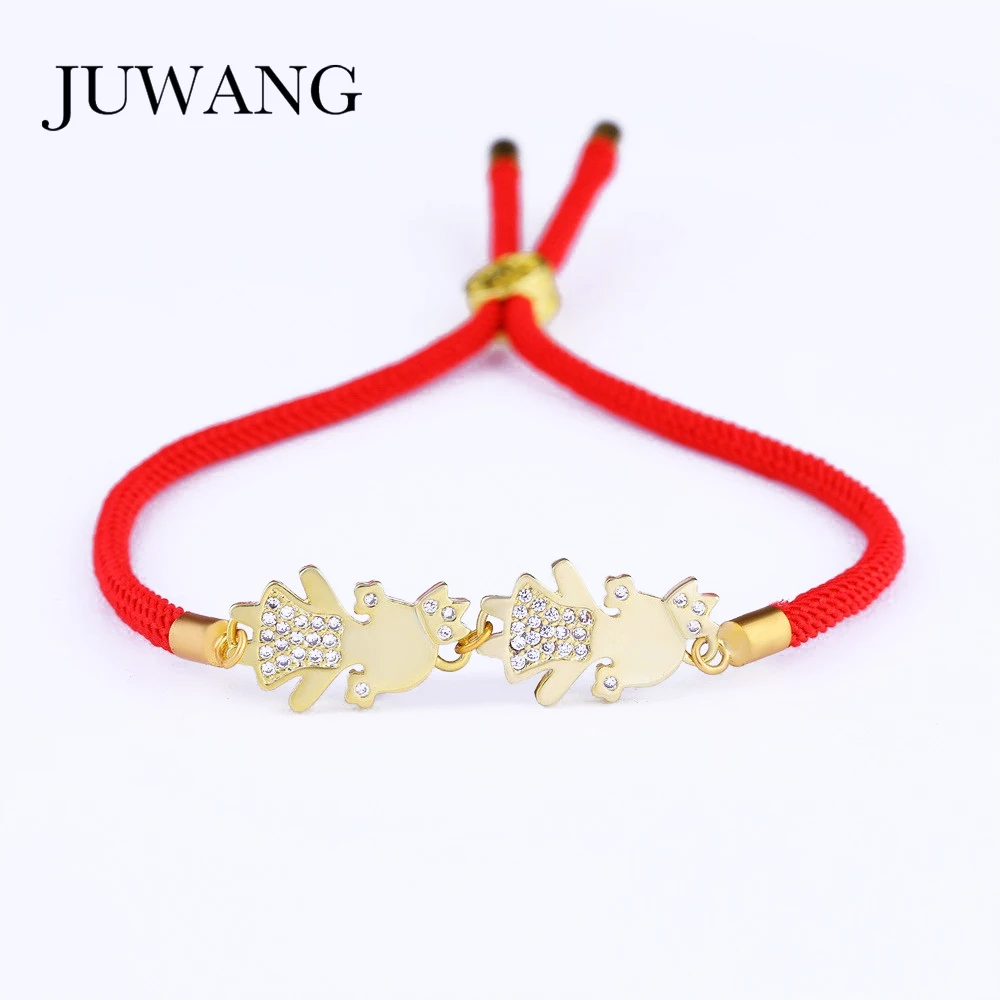 

JUWANG Women Two Crown Girls CZ Red Rope Thread String Bracelet Silver Color AAA Cubic Zirconia For Gril kids Christmas Gift
