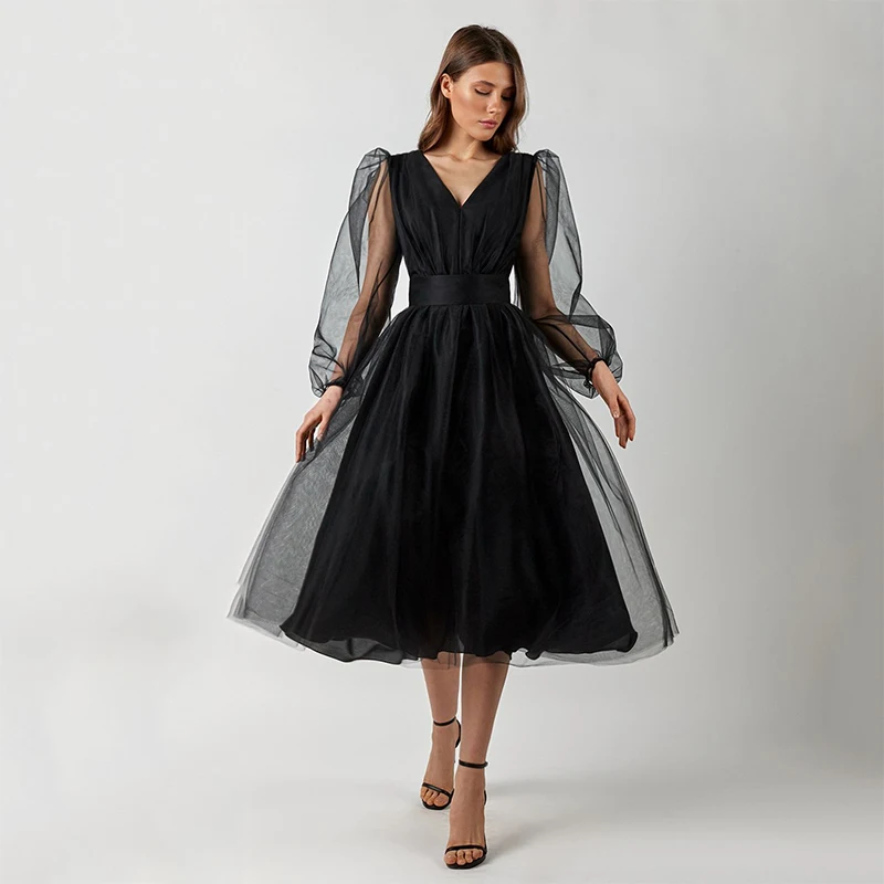 

Long Sleeves Evening Dresses 2021 V-Neck Sashes Prom Party Gown Tulle Puff Tea-Length Pink Black Cocktail Dress