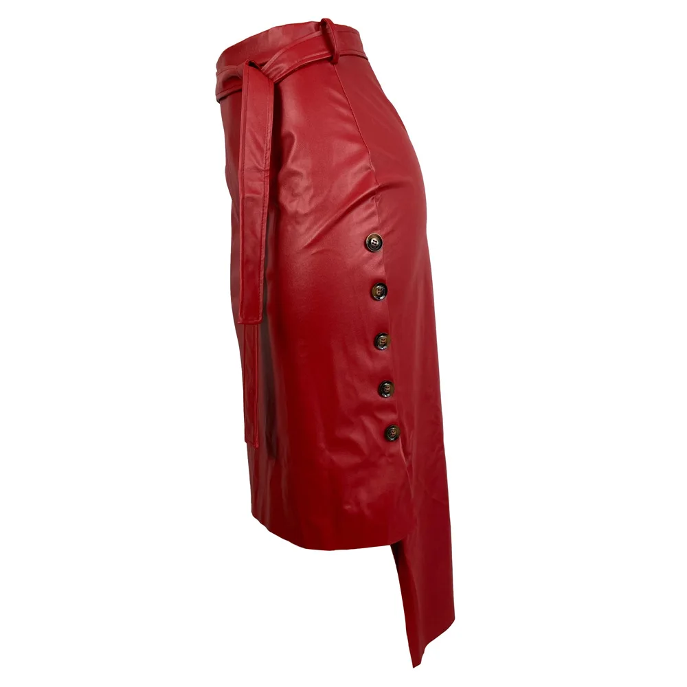 

HAOOHU Women Sexy Bandage Pu Leather Party Skirt Fashion Solid Faux Leather Side Button Casual Bodycon Split Midi Skirt