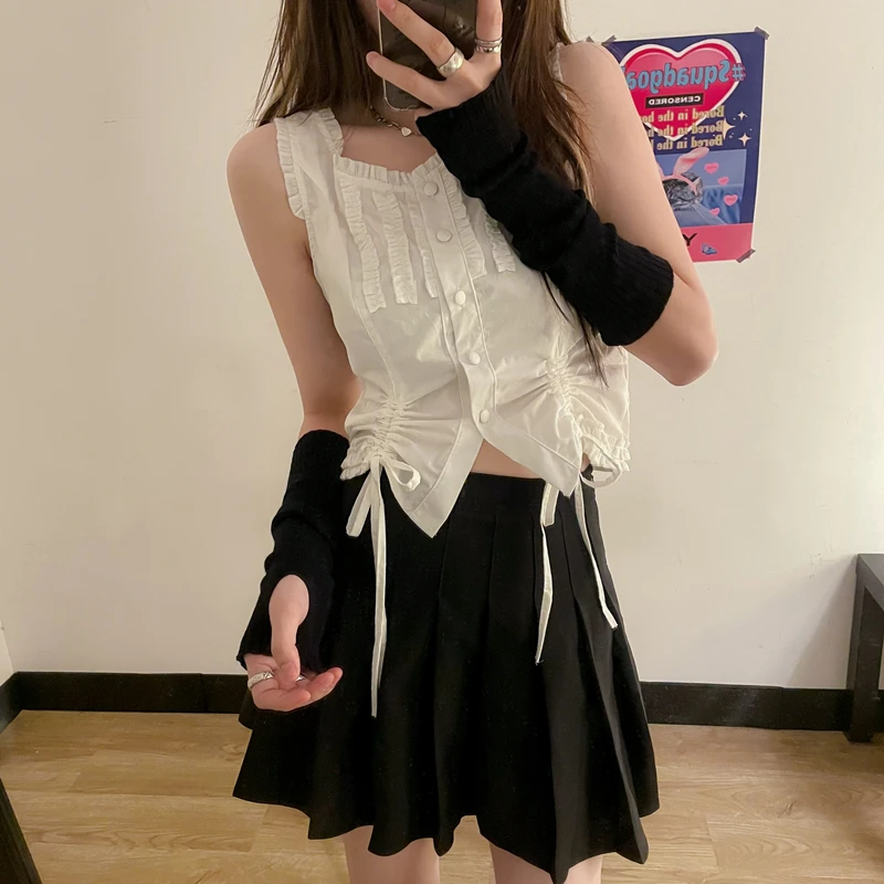 

Summer Sexy Skirt Suits Harajuku Two Piece Set Women Drawstring Tank White Top + High Waist Pleated Mini Skirt 2 Piece Outfits