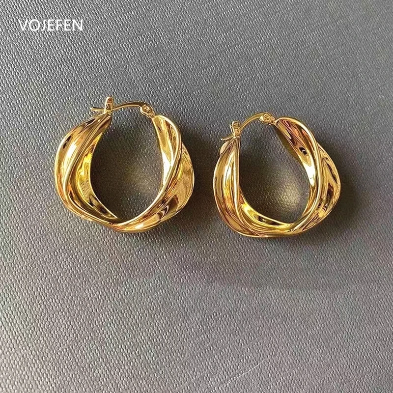 

VOJEFEN Real 18k Gold Earrings High Polished Oval Hoops Women Large Twisted Golden Earring for Female Jewelry And Accessories