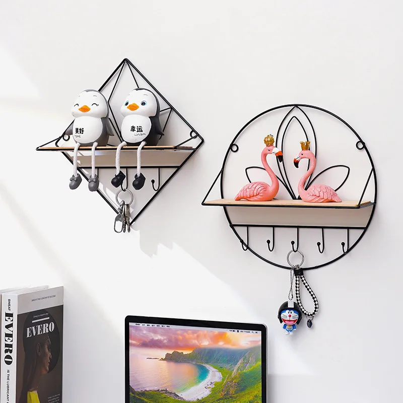 

Metal Wooden Multi-function Storage Rack Flowerpot Stand Home Decoration Wall Hanger Living Room TV Background Floating Shelf