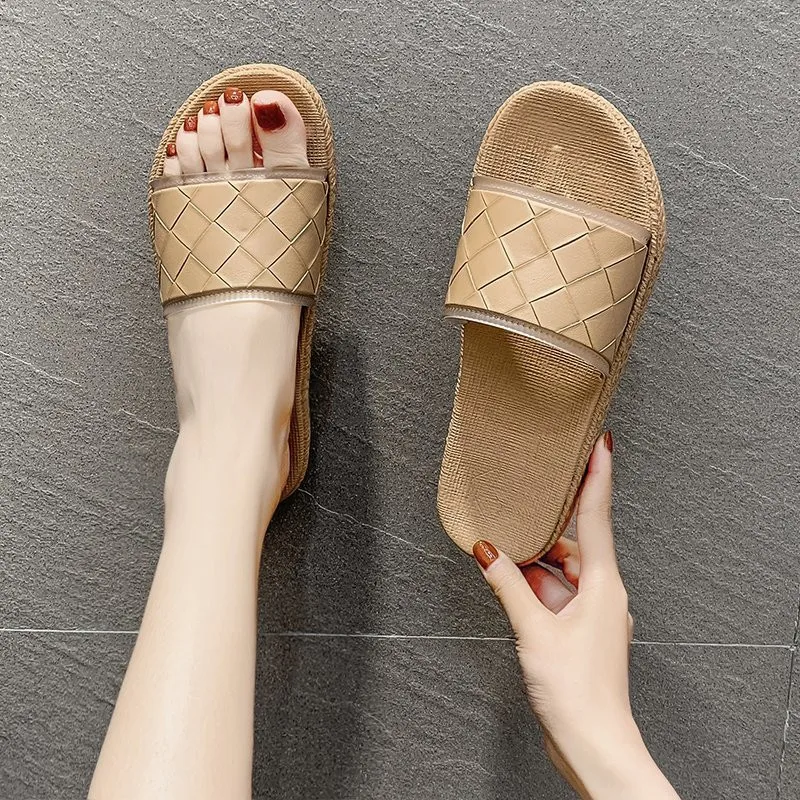 

Shoes Woman 2021 Slippers Casual Med Shale Female Beach Platform Pantofle Luxury Flat Sabot New Slides PU Fabric Rubber Fashion