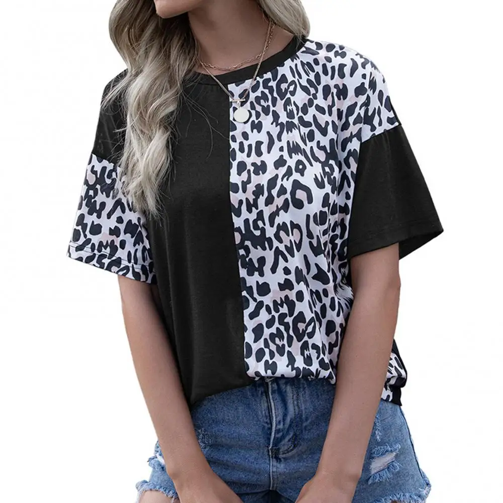 Summer ladies casual t-shirt short-sleeved O-neck leopard print stitching loose T-shirt top soft elastic sports vacation t shirt