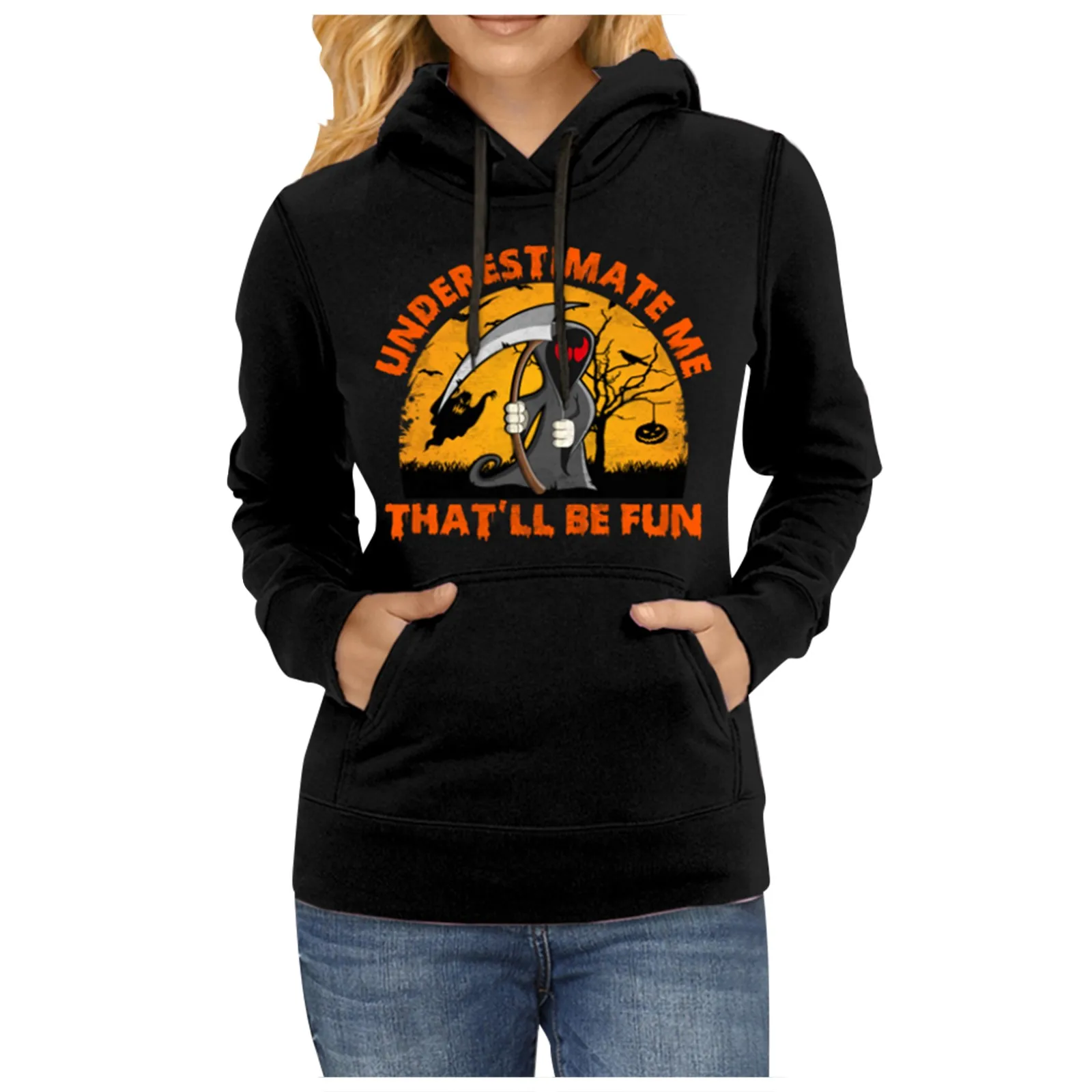 

Женская Толстовка с капюшоном, свободная флисовая Толстовка для Хэллоуина, милый пугающий Топ с длинным рукавом и принтом, Женская винтажна...