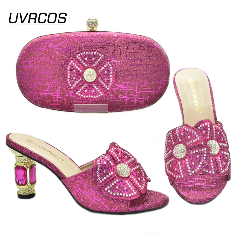 

2021 Newest Fuchsia Color Italian Design Nigerian Noble Ladies Shoes and Bag Set Decorated With Rhinestone Mixing for Party