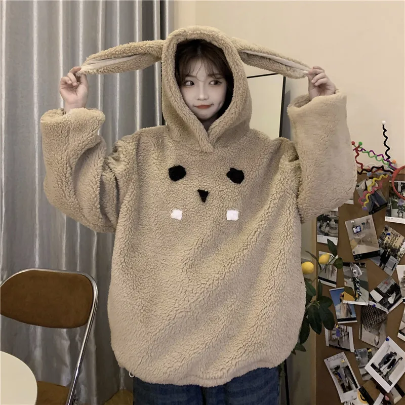 

2021 autumn and winter new cute hooded polar fleece sweatshirt with ears women's long-sleeved jacket hoodie women