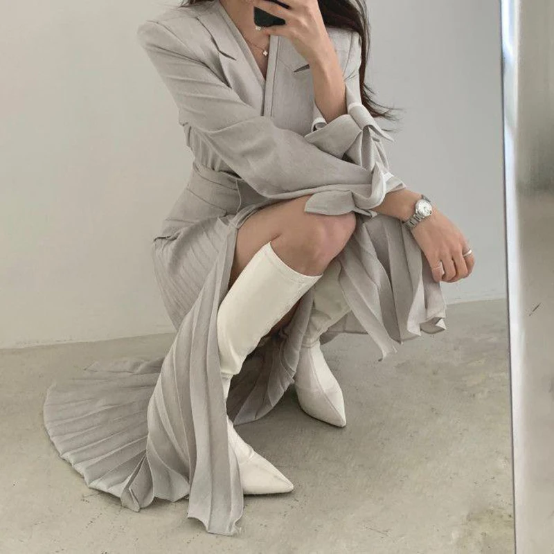 

GALCAUR Patchwork Elegant Two Piece Set For Women Lapel Long Sleeve Blazers High Waist Side Split Skirts Casual Sets Female 2021