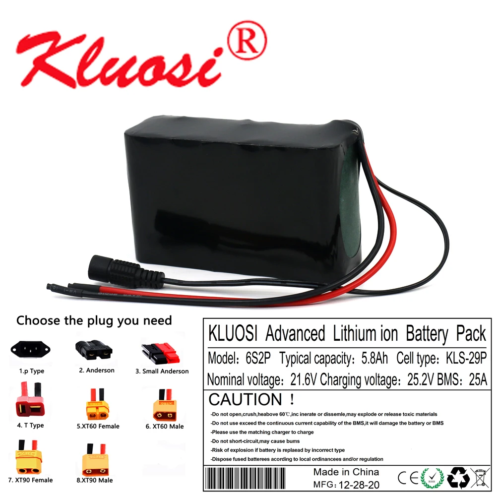 

KLUOSI 6S2P 24V 5.8Ah 21.6V 6Ah 25.2V Lithium Battery Pack for Electric Bicycle Ebike Scooter Wheelchair Cropper with 25A BMS