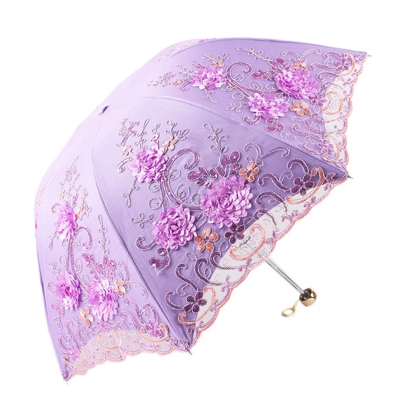 

Lace UV Sun Parasol Folding 3D Flower Embroidery Umbrella Outdoor Parasol Summer Wedding Flower Umbrella