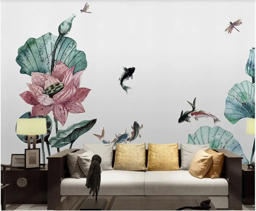 custom mural on the wall wallpaper 3 d Chinese ink lotus flower carp background home decor photo Wallpaper in living room | Обустройство