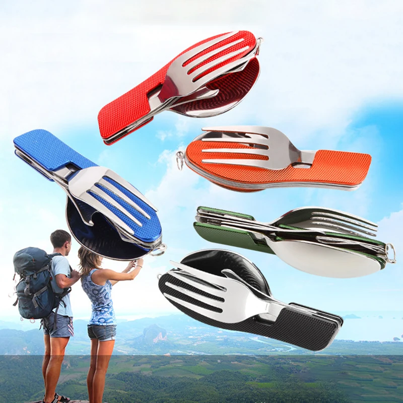 

4 in 1 Outdoor Tableware (Fork/Spoon/Knife/Bottle Opener) Camping Stainless Steel Folding Pocket Kits for Hiking Survival Travel