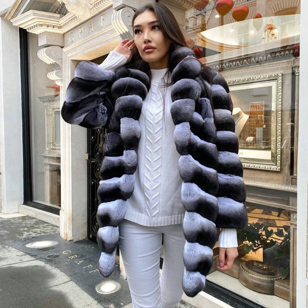 

Fashion Women Real Rex Rabbit Fur Coats with Turn-down Collar 2021 New Winter Woman Thick Warm Rabbit Fur Overcoats Full Pelt