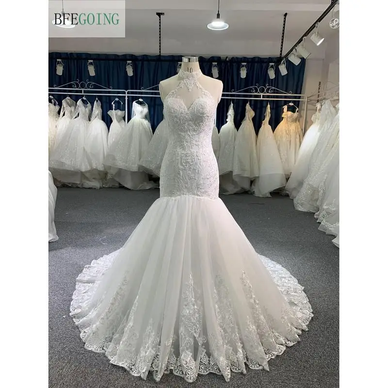 

Ivory Lace Tulle Beading Sleeveless Floor-Length Mermaid/Trumpet Wedding Dresses Chapel Train Custom Made Bridal Gowns