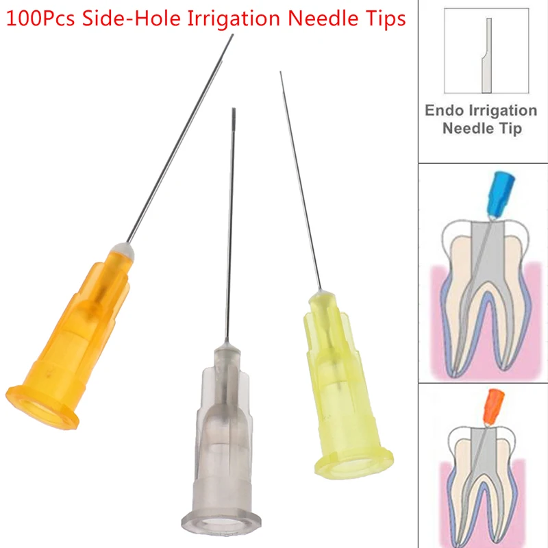 Punta de aguja endodoncia estéril para irrigación Dental, punta de aguja s, 25G/27G/30G, puntas lisas con muescas, jeringa de punta de aguja, herramientas de dentista, laboratorio, 100 Uds.