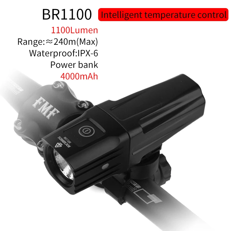 BR1100 ROCKBROS, 1800 люмен, велосипедный светильник, 3 светодиода, USB, перезаряжаемый, велосипедный головной светильник, водонепроницаемая лампа, светильник-вспышка, 5200 мА/ч, Аксессуары для велосипеда - Цвет: BR1100
