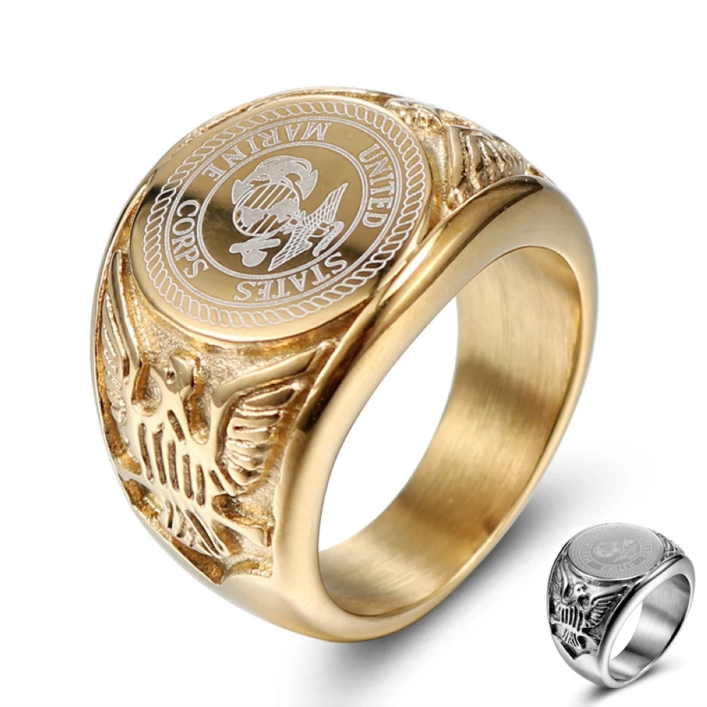 Anillo de acero inoxidable chapado en oro para hombres, joyería de regalo, estilo militar, marino de EE. UU., tamaño 8-13, insignia de águila, Ejército de los Estados Unidos