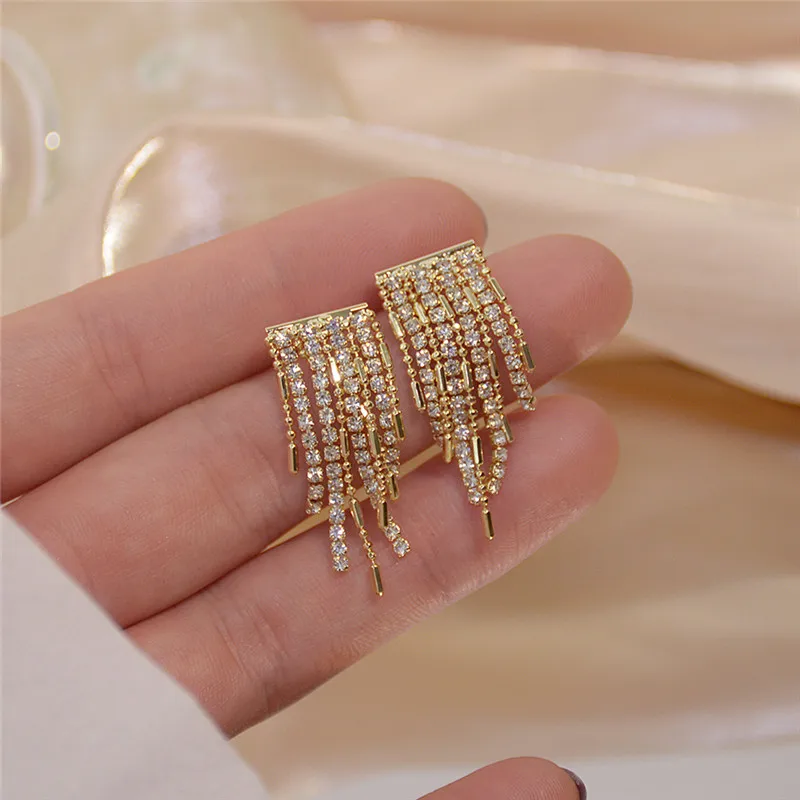 

Ins Hot Sale 14K Real Gold S925 Silver Needle Tassel Long Stud Earrings for Women Cubic Zircon ZC Elegant Earrings