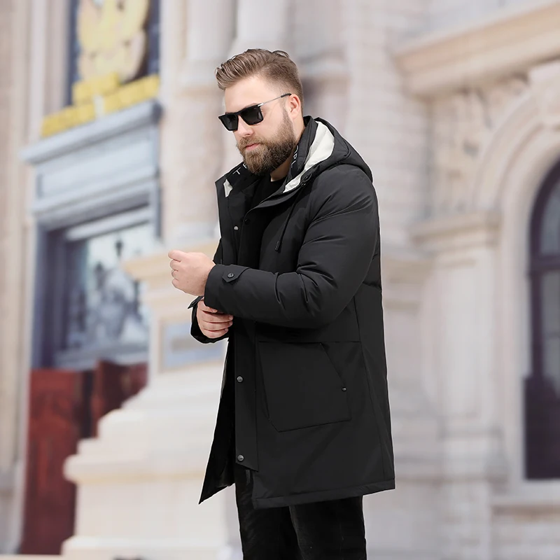 Мужская длинная куртка на белом утином пуху с капюшоном размеры 8XL 7XL 6XL