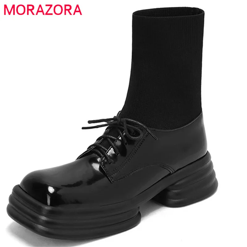 

MORAZORA 2022 New Arrive Genuine Leather Knitting Stretch Sock Boots Women Shoes Thick Bottom Fashion Ankle Boots Women