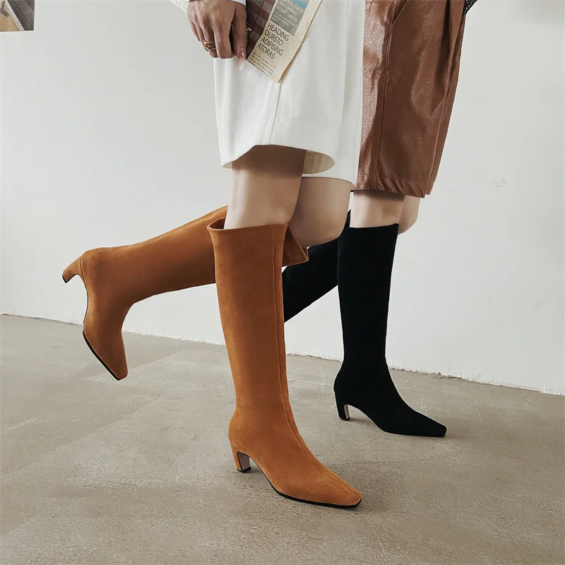 

QZYERAI New Winter Women Knee High Modern Boots Genuine Cow Suede Leather 6cm Strange Style Long Warm Shoes Big Size 34-43