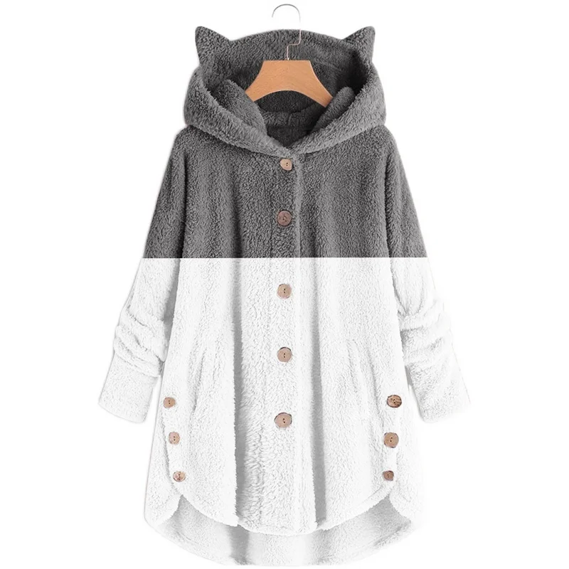 

Autumn and Winter New Fashion Women 's Button Plush Top Irregular Stitching Hooded Jacket