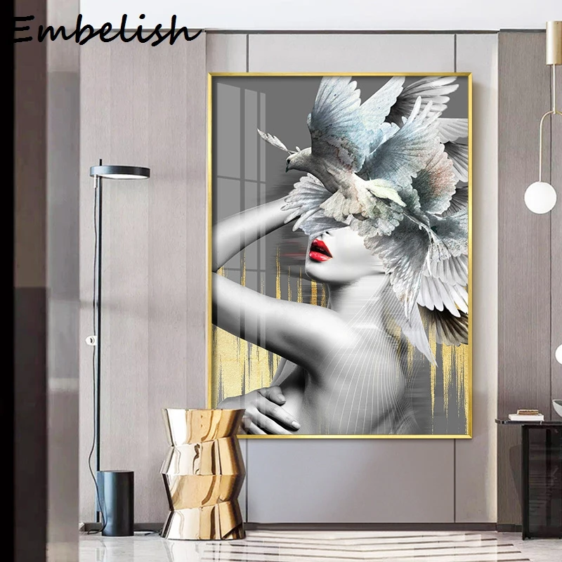 

Nordic Creative Poster Beauty Girl with White Dove flower Painting Modern Home Decor Canvas Art Wall Pictures For Living Room
