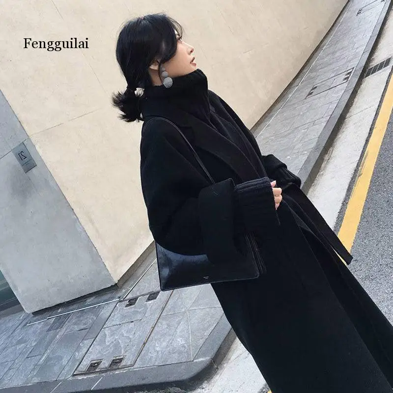 

Winter Autumn Coat Women Leisure Belt Long Woolen Jackets Work Office Lady Long Sleeve Outwear abrigos mujer invierno