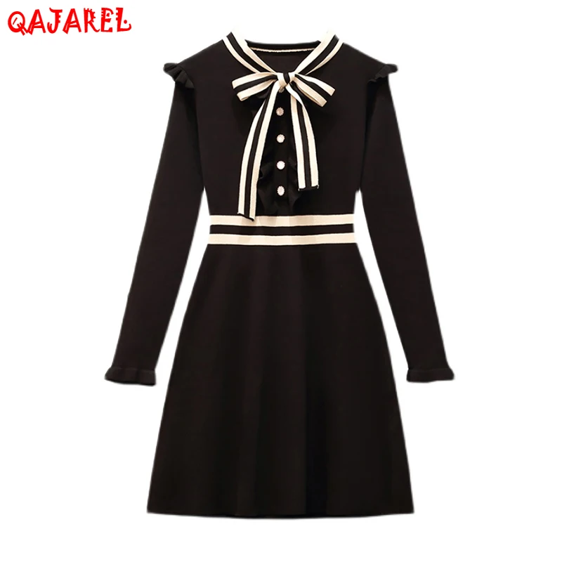 

Women Black Hepburn Knitted Cotton Mini Dress 2022 Elegant Bodycon Office Lady Dresses Autumn Winter Korean Vintage Casual Dress