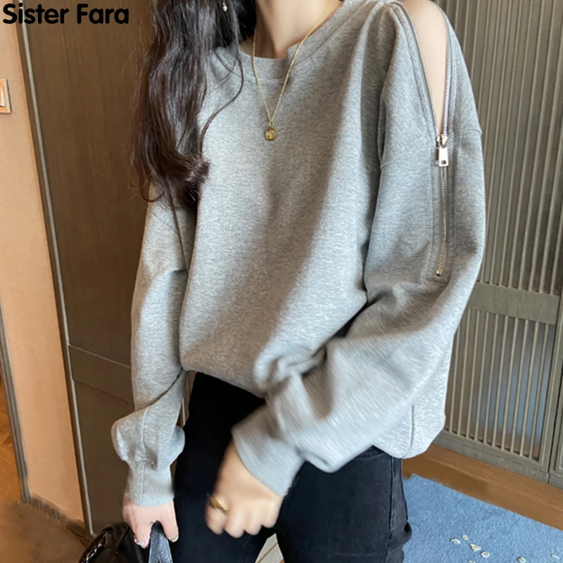 

Sister Fara New Spring 2021 O-Neck Strapless Zipper Coat Women Solid Loose Pullovers Female Autumn Puff Sleeve Casual Coat