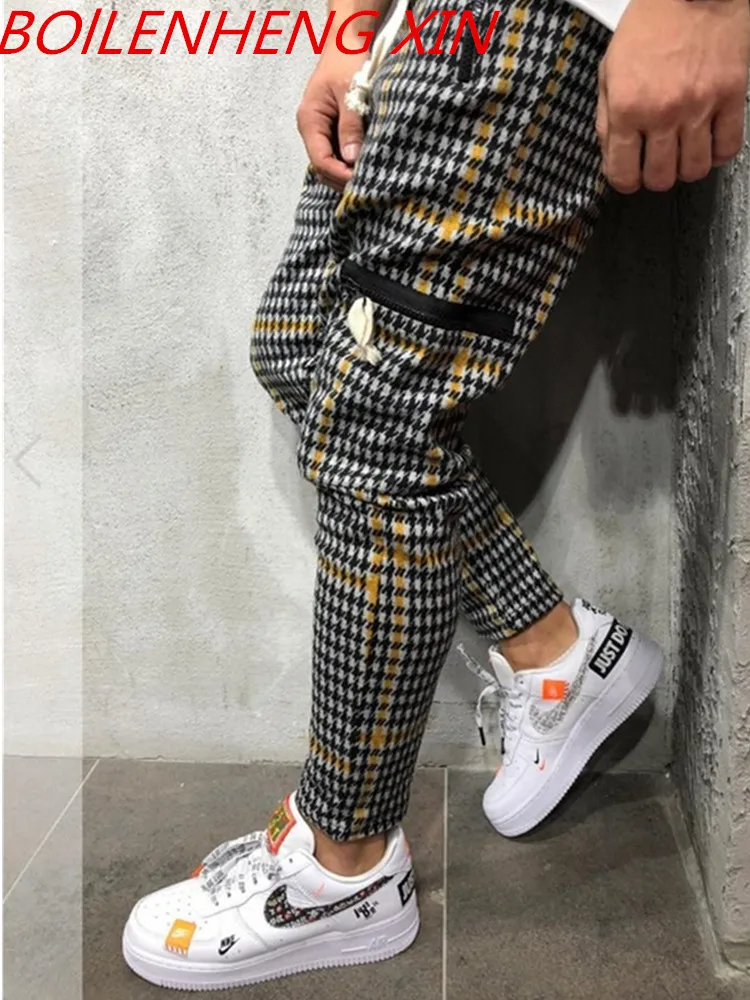 

2021 Casual Plaid Ankle-Length Pants Men Trousers Hip Hop Jogger Pants Men Sweatpants Streetwear Men's Plaid Pocket Zipper Pants