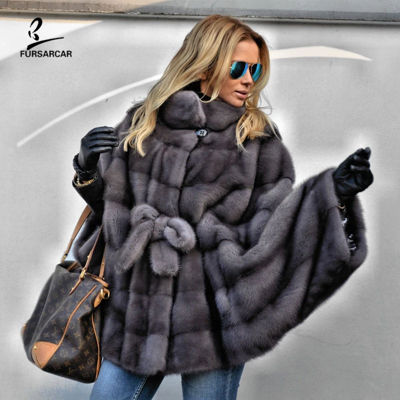 FURSARCAR 2021 Bat Sleeves Real Fur Mink Cape Grey Women Winter Shawl For Female Fashion Luxury Natural Fur Coat Genuine