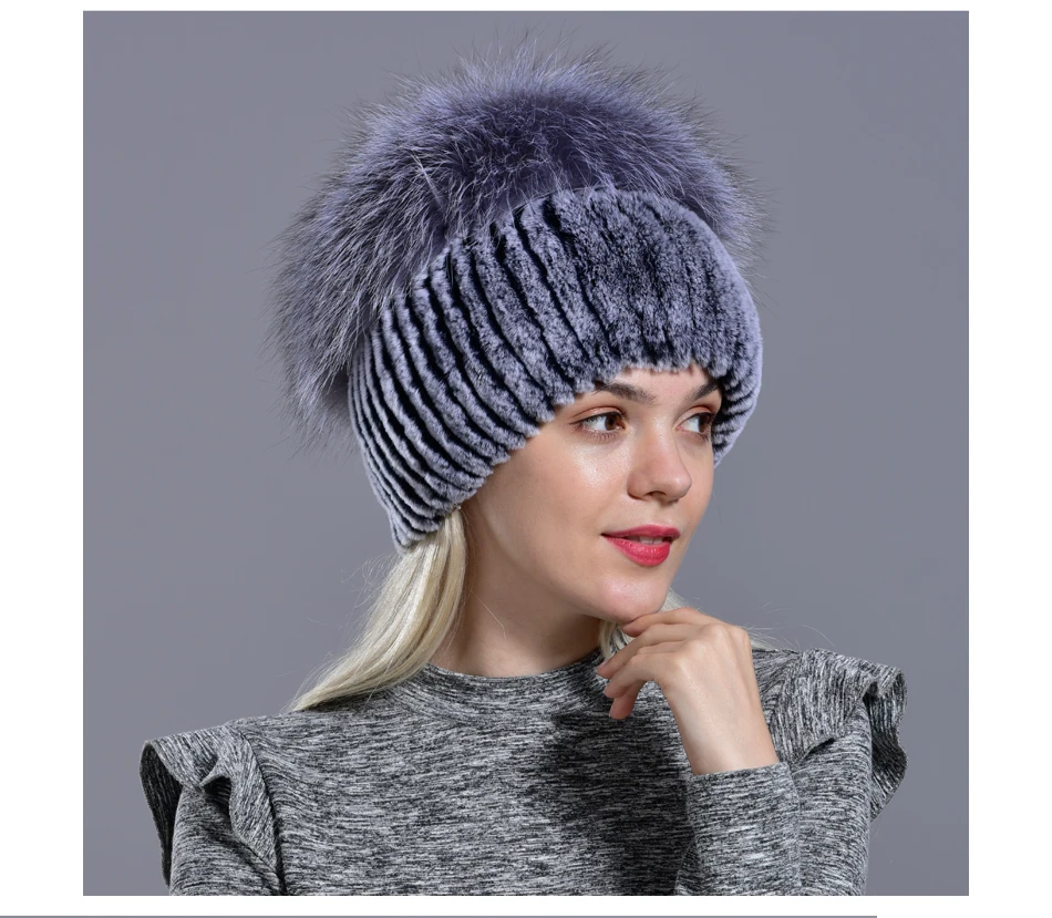 winter women hats fox rabbit fur pompom skullies beanies warm elastic fashionable fluffy thick outdoor stylish natural fur hats