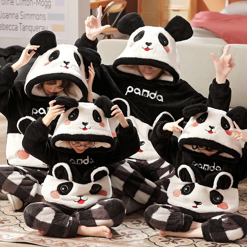 

Kids Winter Parent-Child Pajama Set Children's Flannel Pyjamas Thickened Plush Hoodie Long Sleeve Animal Panda Women Homewear
