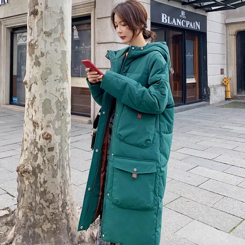 green coat Пуховое хлопковое зимнее пальто Женская Стеганая длинная Парка утепленная женская зимняя куртка с карманами с капюшоном теплая верхняя одежда женское пальто C5873 - Цвет: green coat