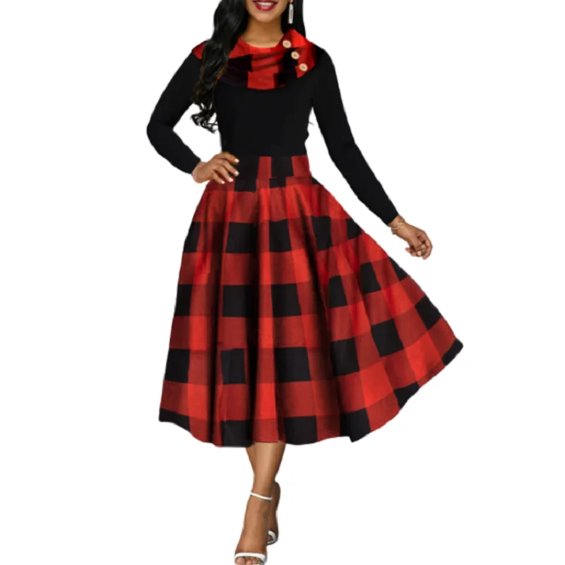 

Women Vintage Ball Gown Dress Long Sleeve 2020 Autumn Fashion Plaid Mid Long Dress Patchworked Black Elegant Party Dresses