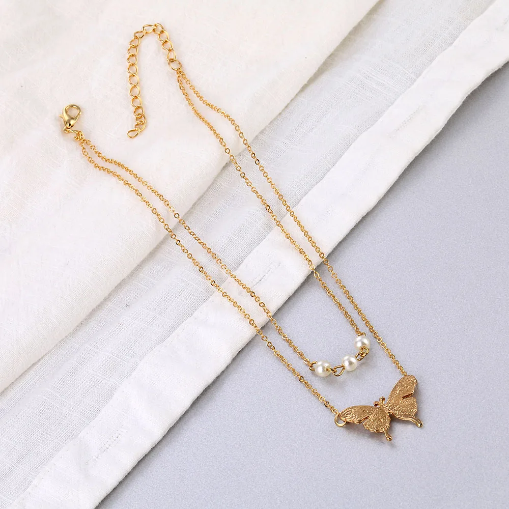 ZOVOLI Boho Dainty Double Layered Pearl Butterfly Pendant Necklace Sets Gold Chains Necklaces For Women Fashion Choker Jewelry | Украшения