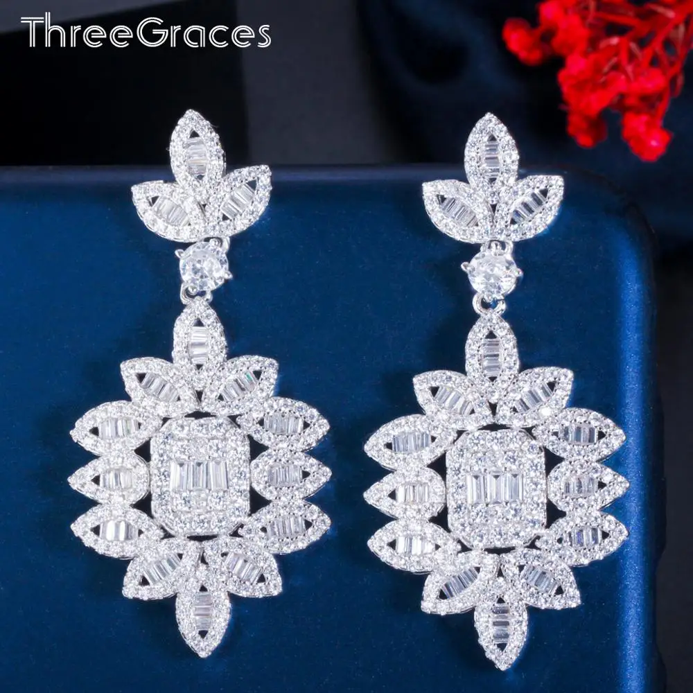

ThreeGraces Sparkling White Cubic Zirconia Long Big Leaf Shape Drop Dangle Earrings for Women Wedding Party Jewelry Gift ER505