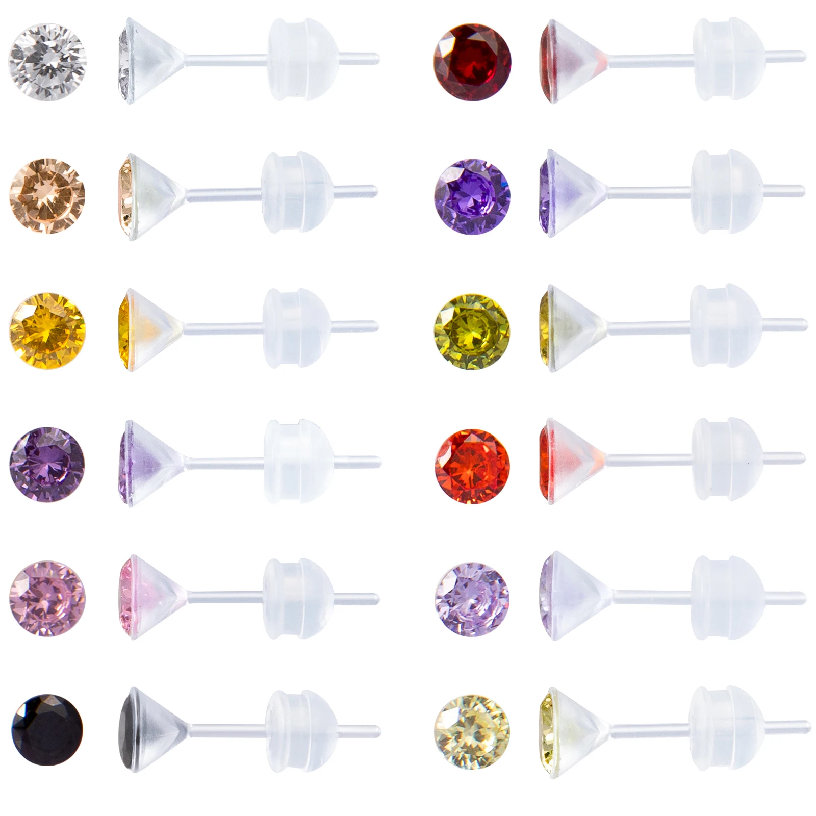 

12 Pairs Plastic Stud Earrings for Sensitive Ears,Birthstone CZ Invisable Stud Earring Set for Women Girls Серьги Гвоздики
