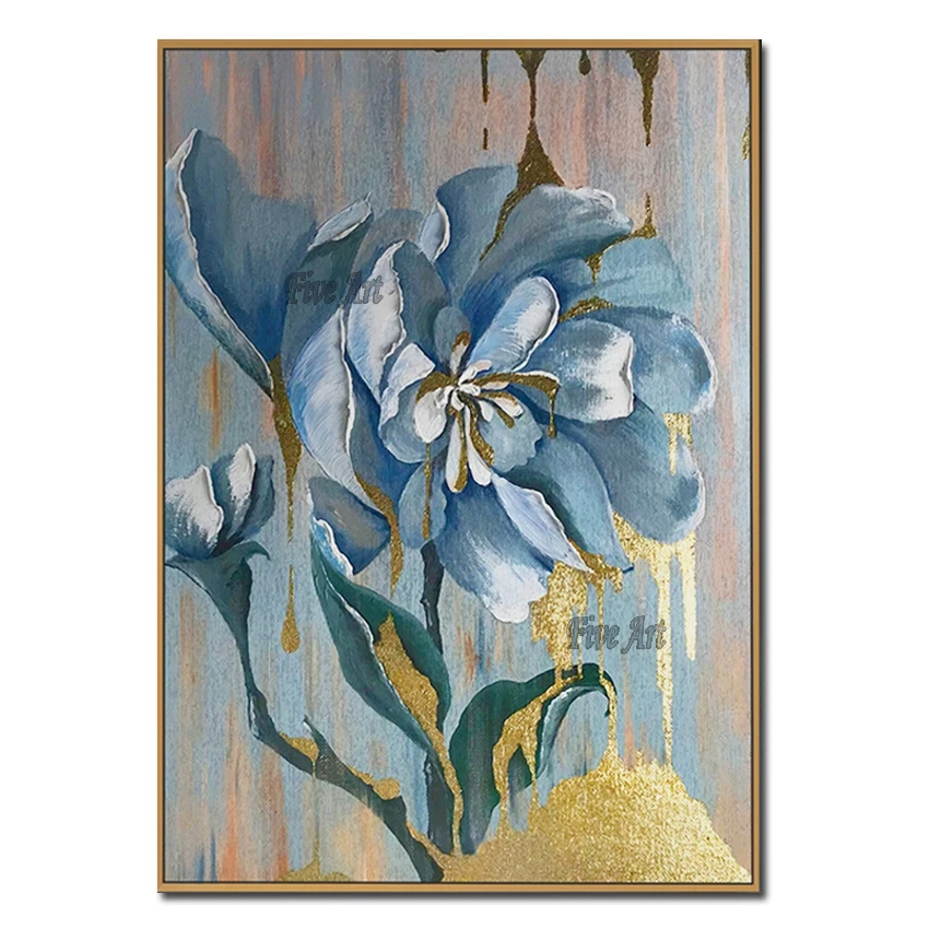 

Free Shipping Gold Foil Flower Oil Painting Hand Painted Pictures Canvas Wall Hanging Art On Canvas Large Size For Home Decor