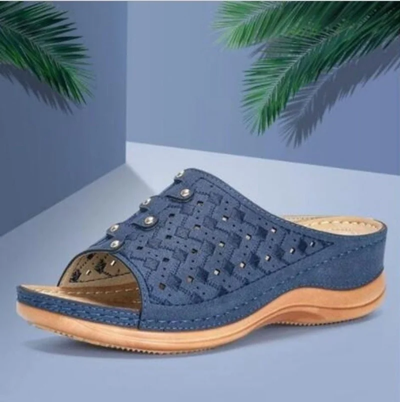 

Women Shoes PU Leather Summer Open Toe Thick Bottom Wedge Slip On Casual Soft Comfortable Slippers Rome Retro Female Sandals