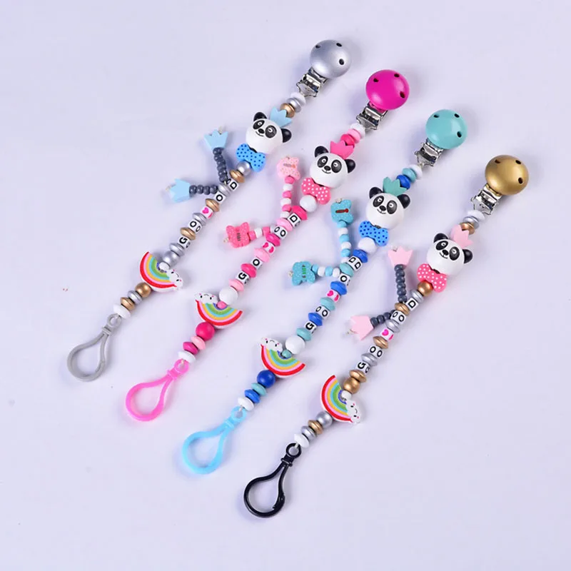 

1Pcs Cute Panda Rainbow Pacifier Chain Animal Wooden Beads Anti-lost Pacifier Clips Auxiliary Food Pacifier Baby Teether Chain