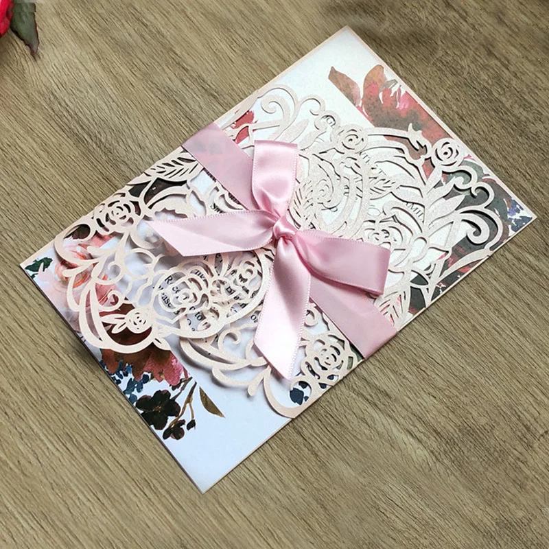 

100pcs Laser Cut Wedding Invitation Cards Elegant Flora Greeting Cards with Envelope and Ribbon for Party Supply , Customized