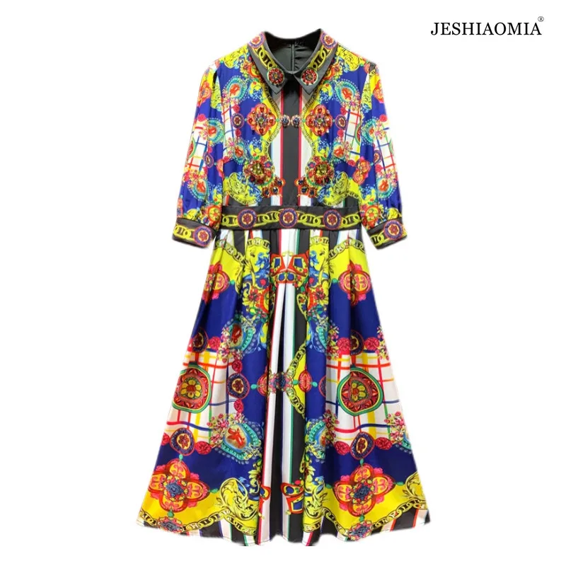

JESHIAOMIA- 2022 Spring Vintage Print Beaded Midi Dress