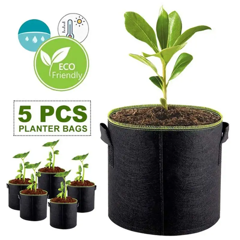 

5 Packs Plant Grow Bags Growing Bags Non-woven Fabric Aeration Pots With Handle Root Container 2/3/5/7/10/15Gallons