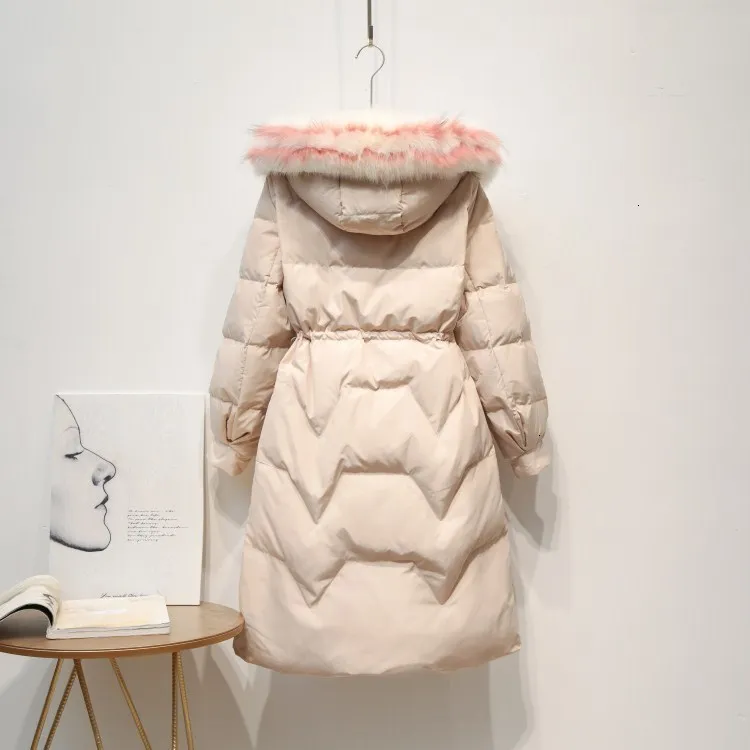 2019 white duck down jacket female long section winter new fox big fur collar waist thin |